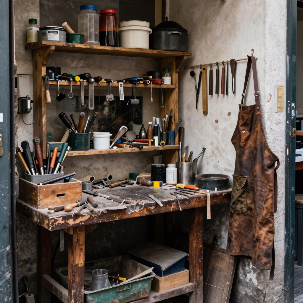 Cluttered Workbench in Naples in in Naples, Italy