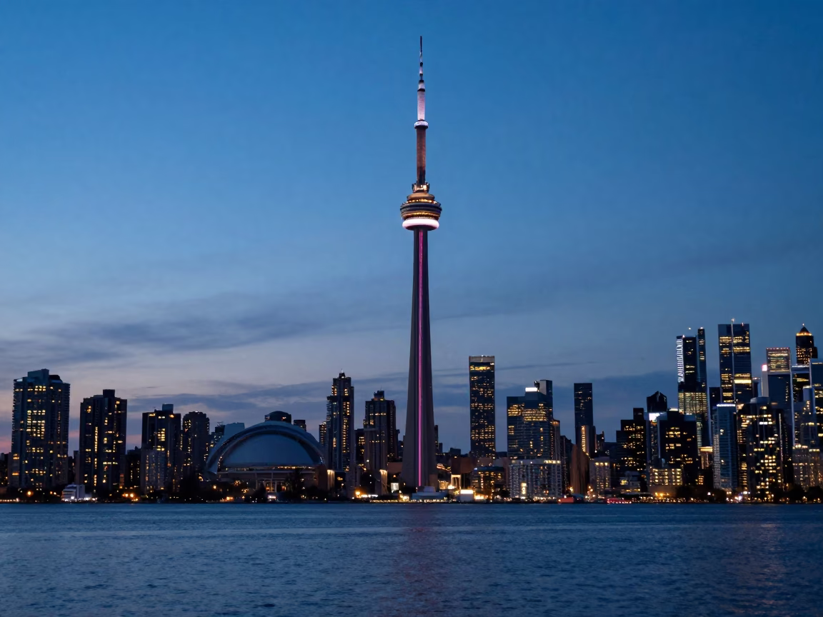 CN Tower And Lake Ontario Skyline in Toronto in in Toronto, Ontario, Canada