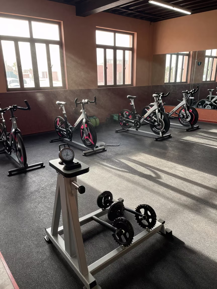 Coach Stopwatch Charging Dock Spin Studio Marrakech in inside a spin studio under class lights in Marrakech