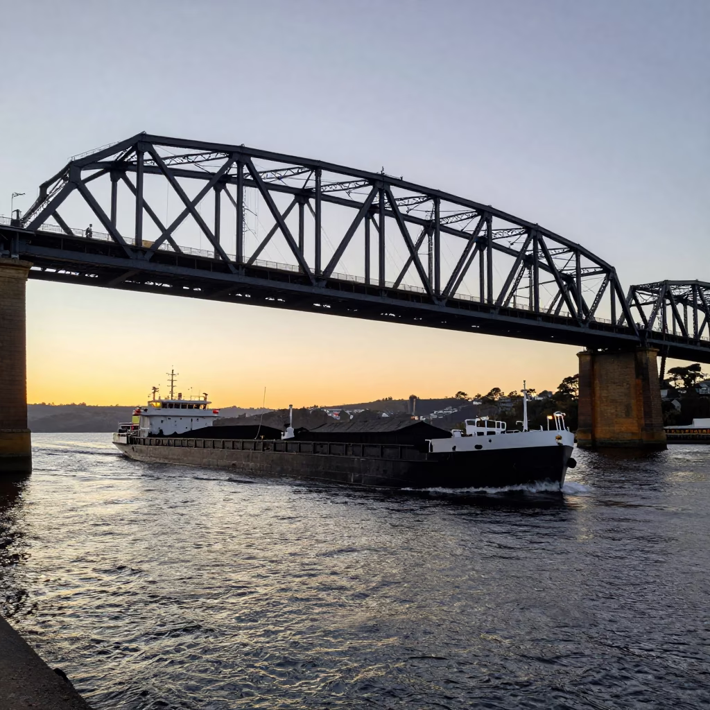 Coal barge passing under historic railway bridge in Hobart Tasmania at sunset in in Hobart, Tasmania, Australia