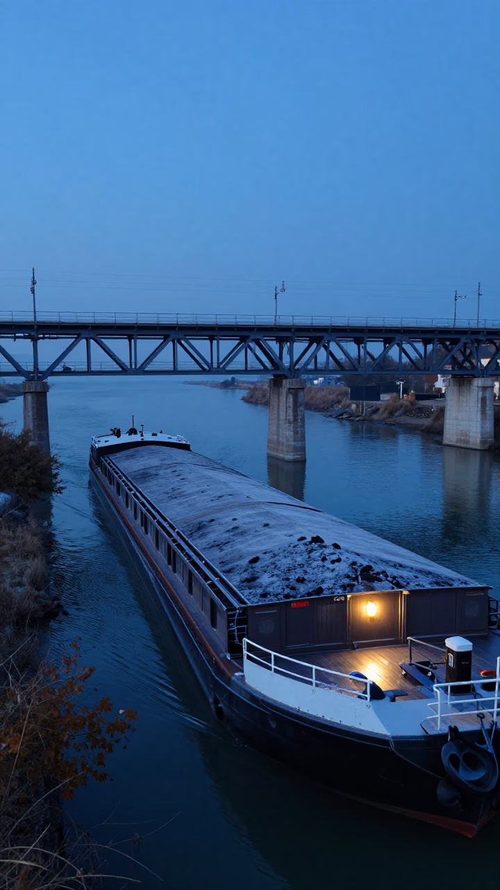 Coal Barge Under Bridge Dusk Frost in in Veneto