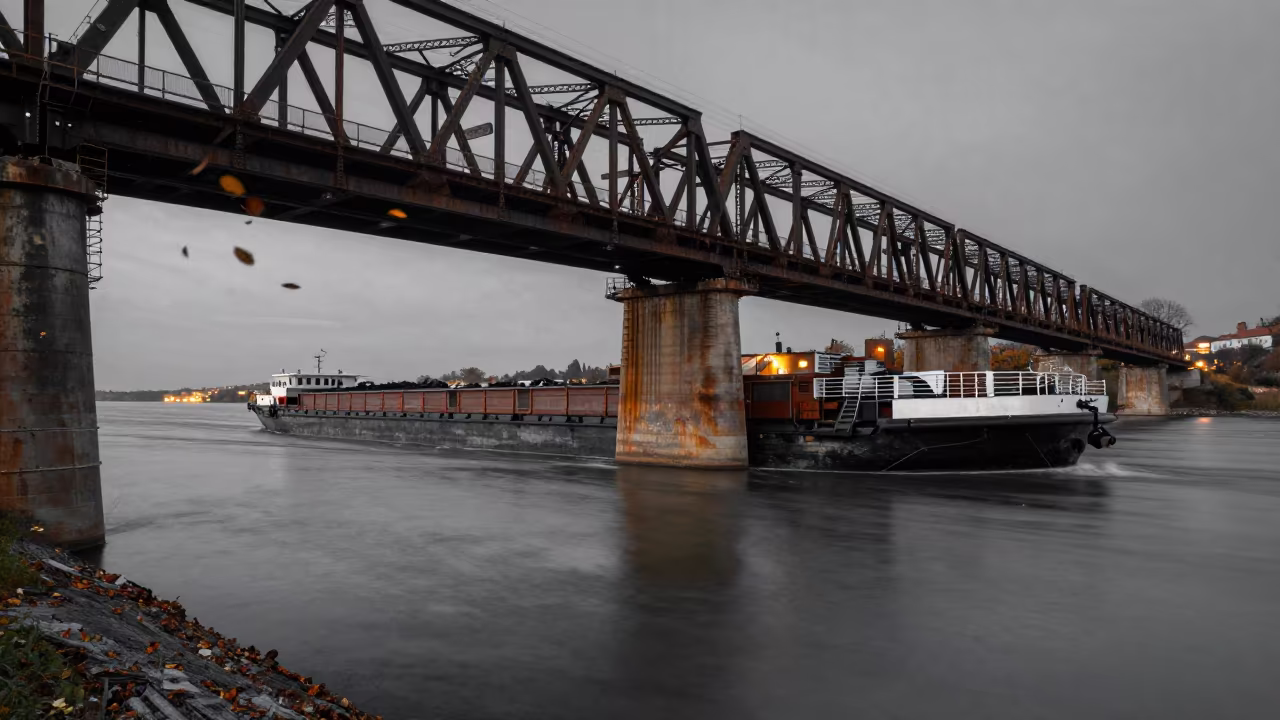 Coal Barge Under Bridge at Serbian Twilight in on a wind-open causeway in Serbia