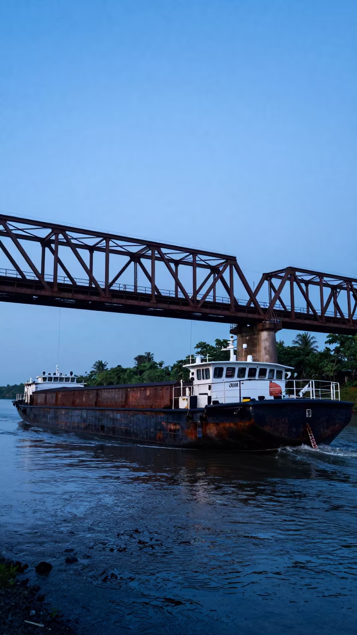 Coal Barge Under Bridge at Twilight Near Sullana in near Sullana