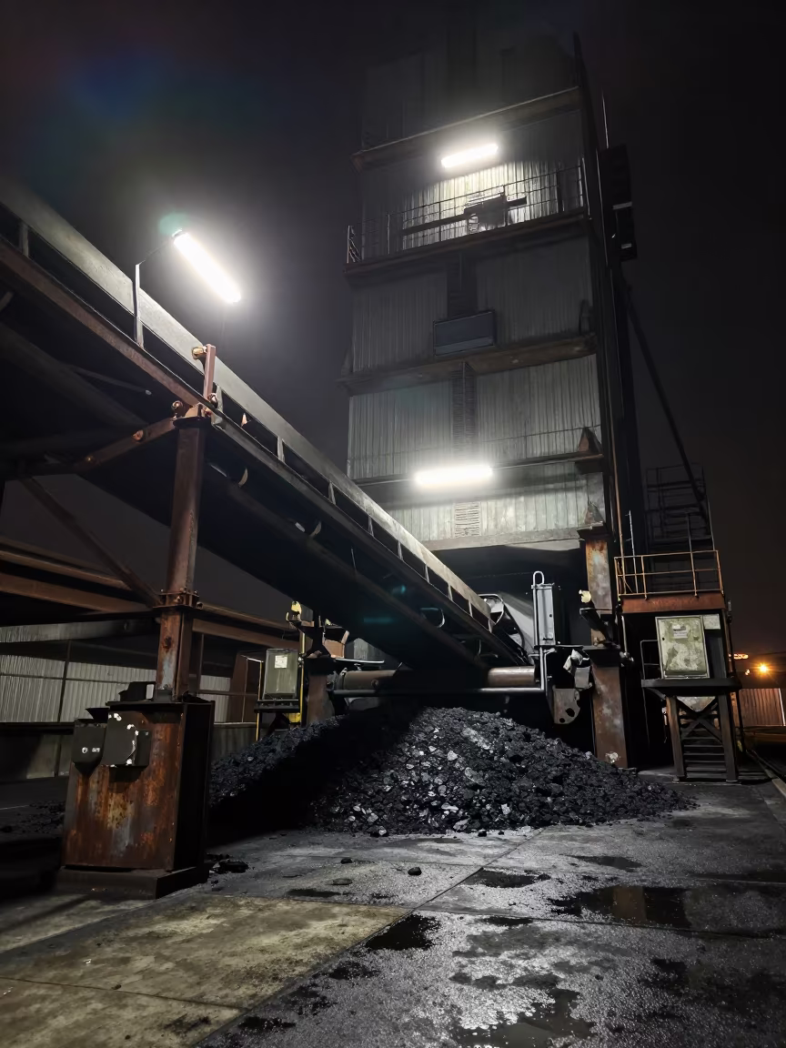 Coal Conveyor Belt Night Shift Warsaw Grain Elevator in inside a grain elevator near Warsaw