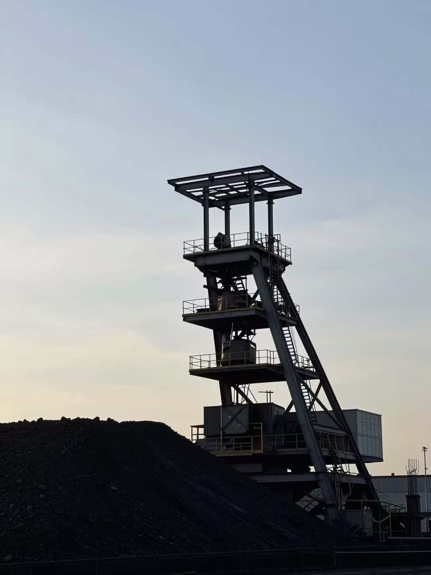 Coal Mine Headframe Against Grey Sky in beside exposed structural steel near Rotterdam