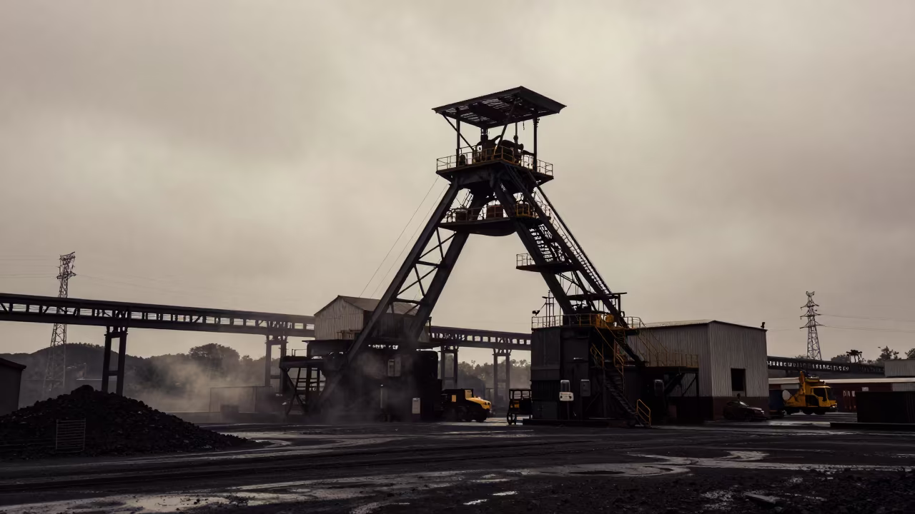 Coal Mine Headframe Silhouette at Rainy Dawn in under gantries and utility towers near Gabiadji