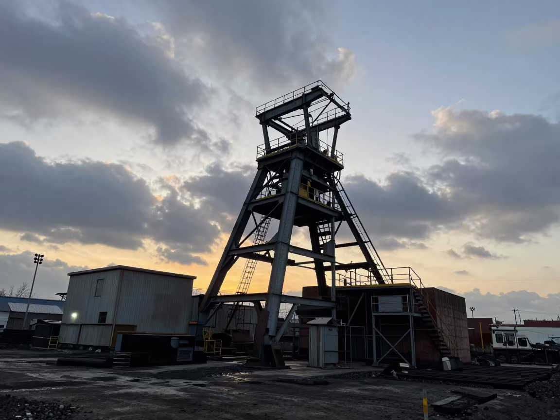 Coal Mine Headframe Silhouette at Sunset in across an active works site near Taoyuan County