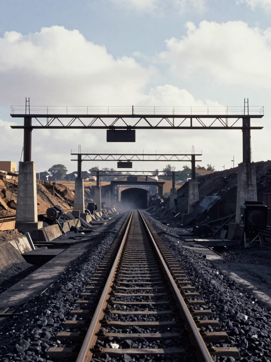 Coal Mine Entrance Senegal Rail Tracks in under gantries and utility towers in Senegal