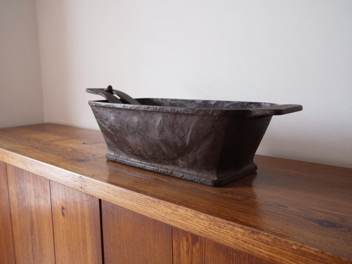 Coal Scuttle Display in Late Afternoon Light in on a painted display ledge near Valle de la Pascua