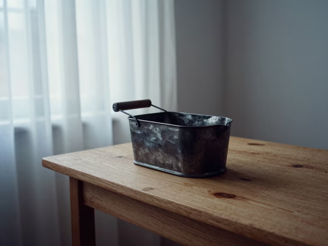 Coal Scuttle on Workbench in Ottawa Afternoon Light in on a wooden workbench in Ottawa