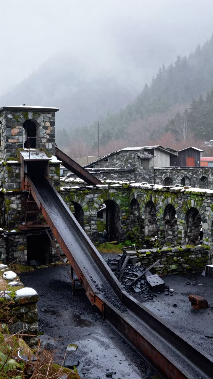 Coal Washery Ruin in British Columbia Mist in among collapsed cloisters in British Columbia
