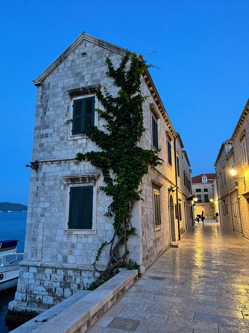 Coastal Architecture in Dubrovnik at The Last Blue Light Of Evening in in Dubrovnik, Croatia