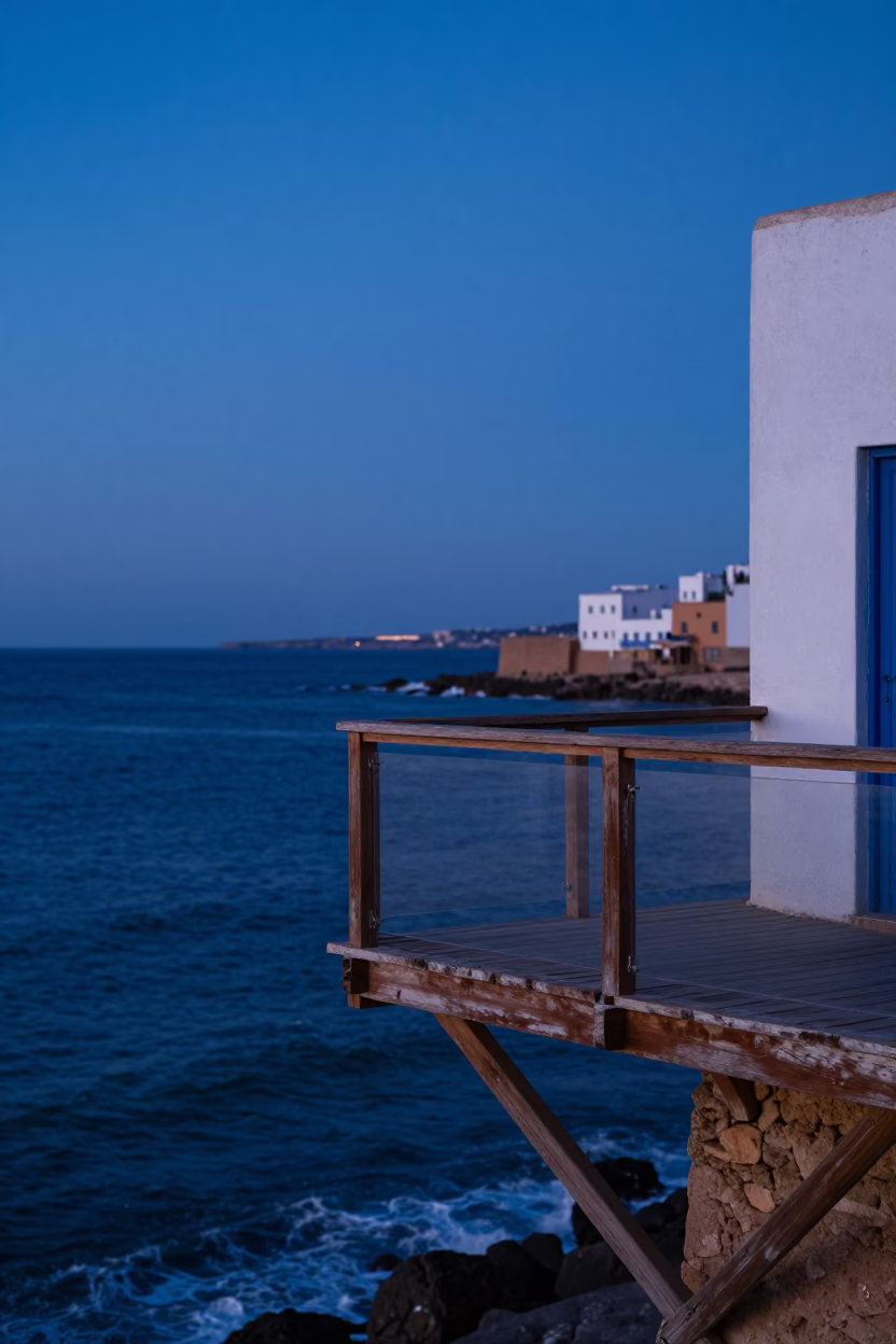 Coastal Balcony in Essaouira at Indigo Twilight After Sunset in in Essaouira, Morocco