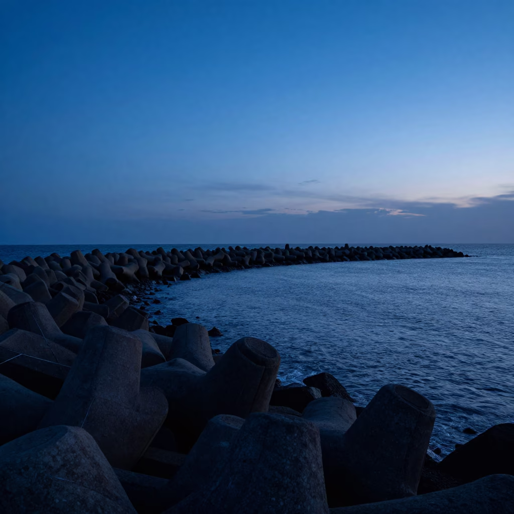 Coastal Breakwater in Dakar at Indigo Twilight After Sunset in in Dakar, Senegal