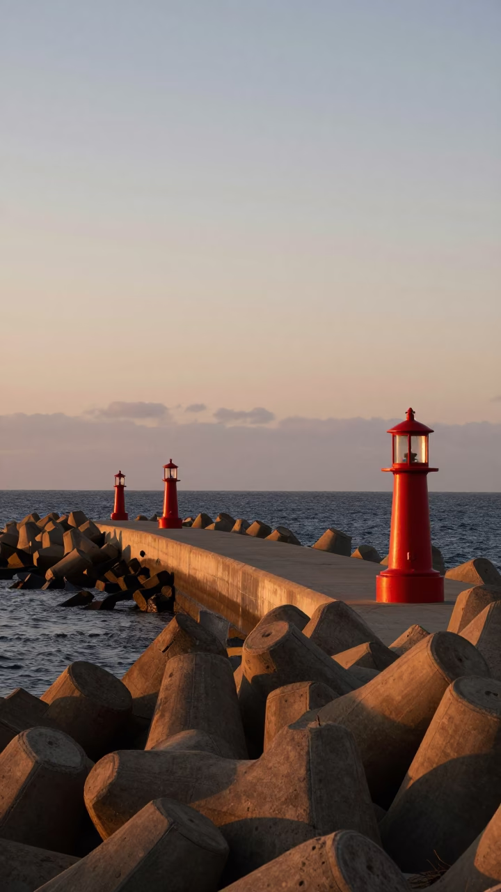 Coastal Breakwater in San Diego at Copper-toned Light Before Dusk in in San Diego, California, United States