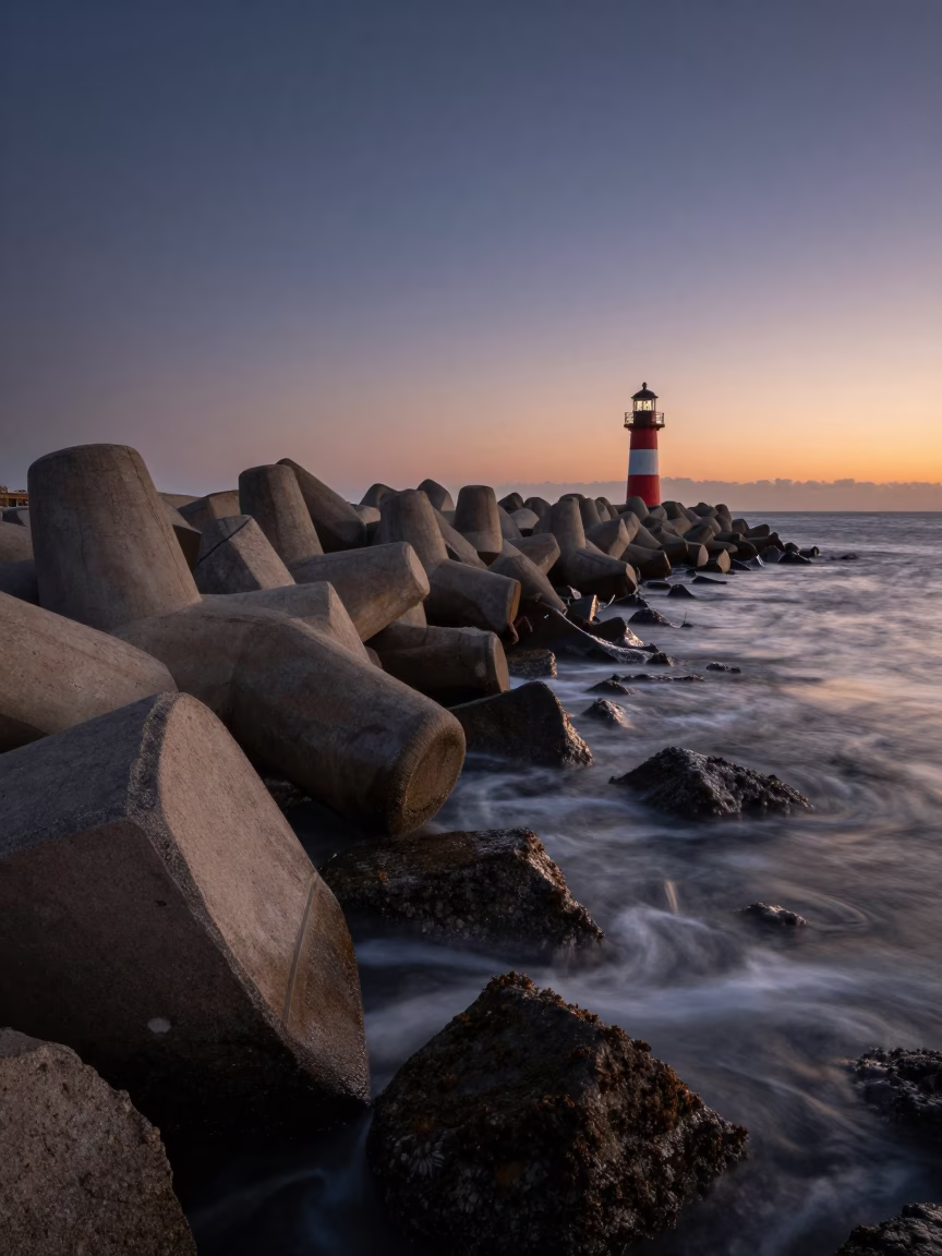 Coastal Breakwater in San Diego at Sunset Light in in San Diego, California, United States
