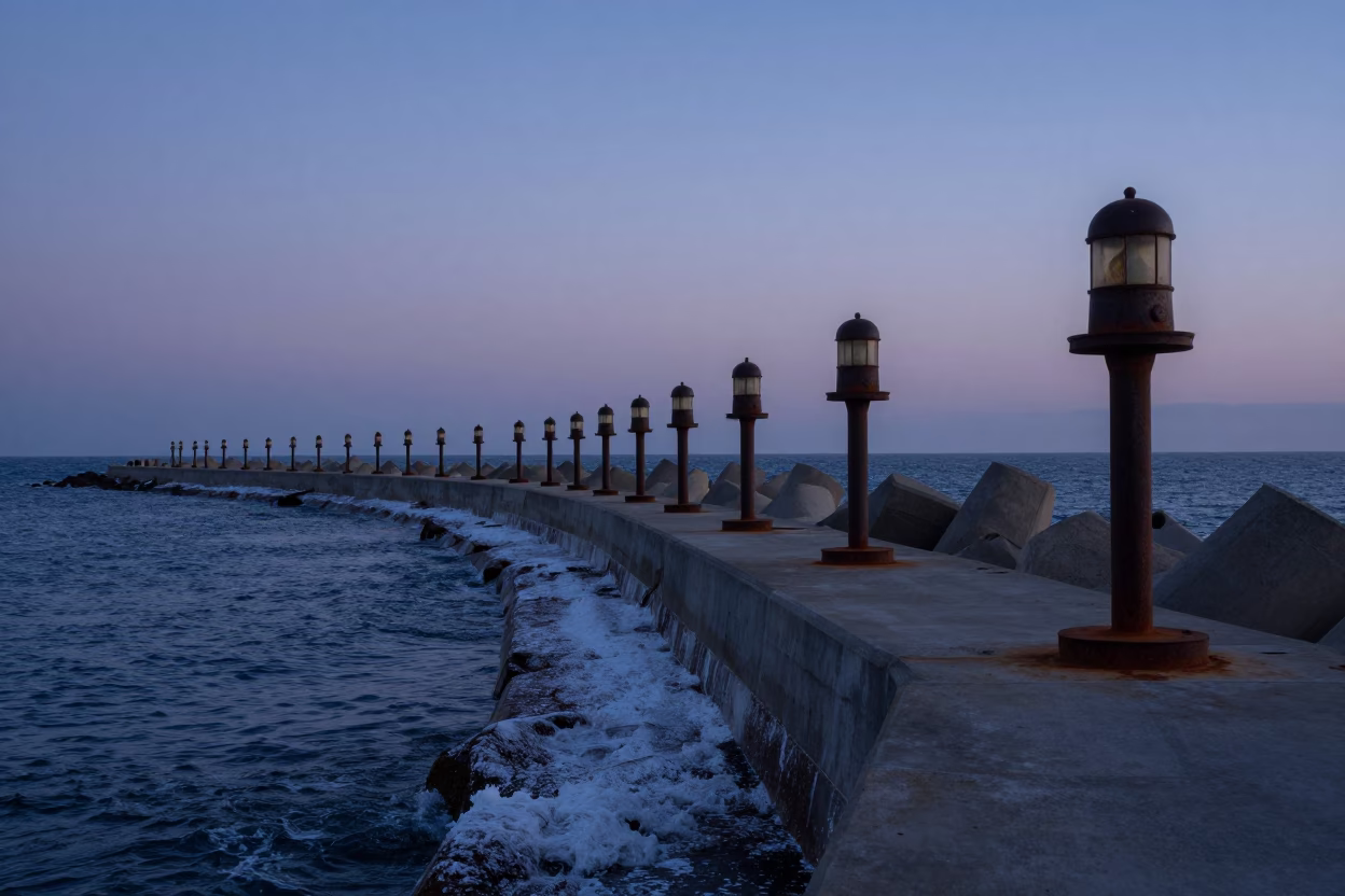 Coastal Breakwater Warning Beacons at Twilight in San Diego California in in San Diego, California, United States