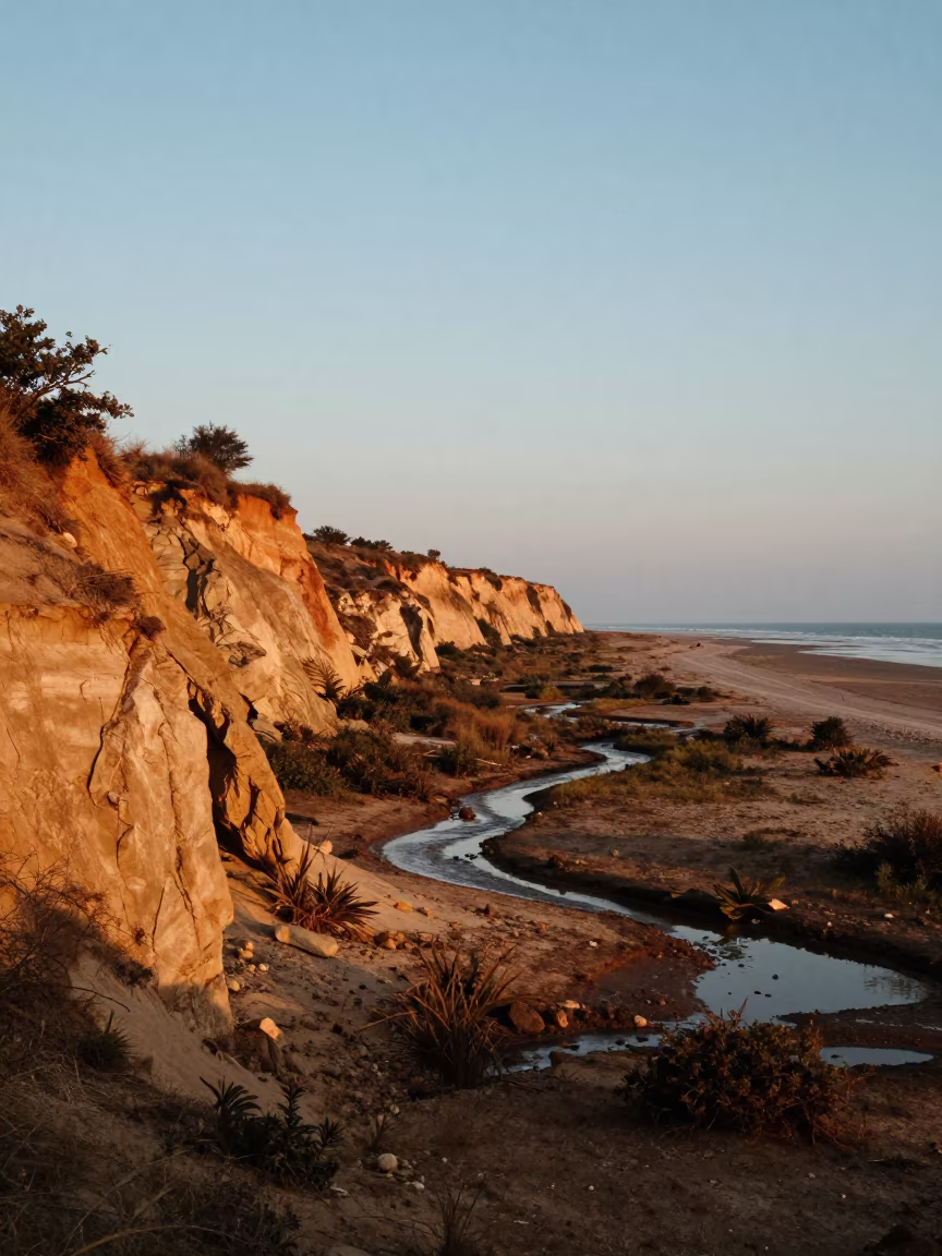 Coastal Cliff Runoff Channels Evening Light in across a floodplain after rain near Surat