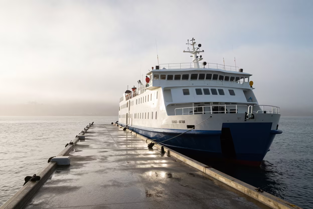 Coastal Ferry Docked at Foggy Pier After Storm in near Rotorua