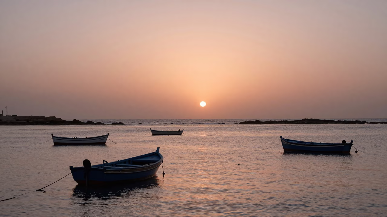 Coastal Horizon in Essaouira at Copper-toned Light Before Dusk in in Essaouira, Morocco