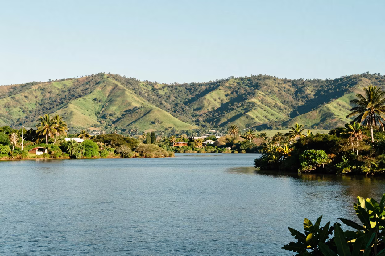 Coastal Lagoon in Bright Midmorning Light in from a ridge above layered foothills near Antsirabe