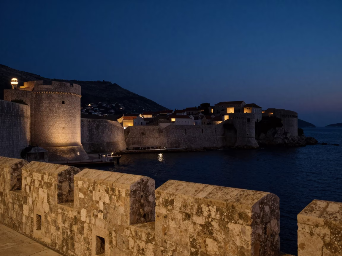 Coastal Scene at The Predawn Darkness Light in Dubrovnik in in Dubrovnik, Croatia