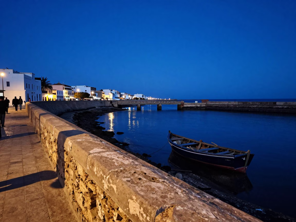 Coastal Scene in Essaouira at Indigo Twilight After Sunset in in Essaouira, Morocco