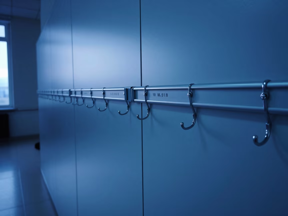 Coat Closet Label Rail in Blue Hour Plovdiv Office in at a boardroom table before a meeting in Plovdiv