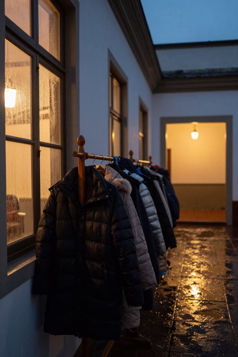 Coat Rack Crowded During Winter Budget Meeting in in a courthouse corridor near Isla Margarita