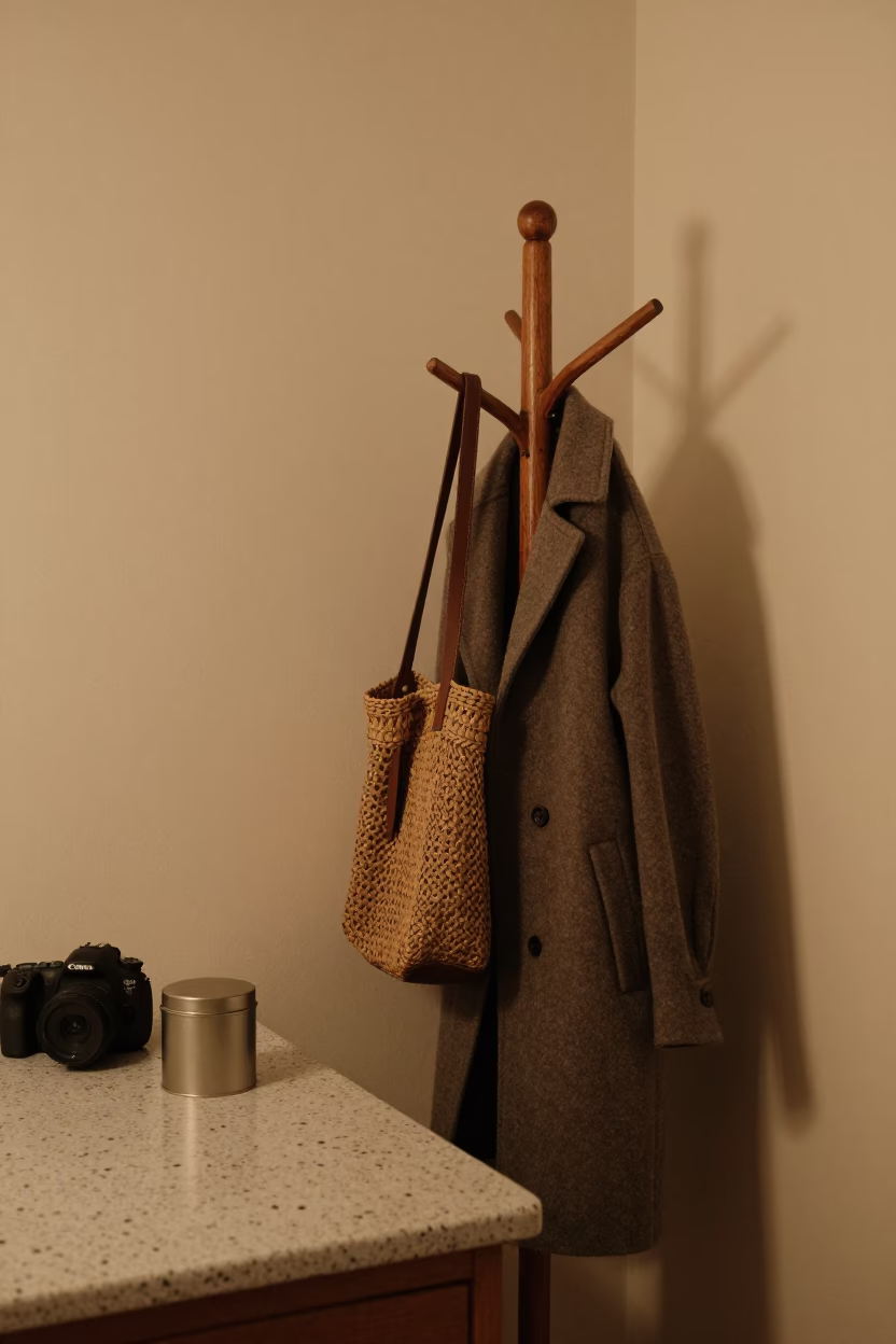 Coat Stand and Tea Tin in a Budapest Apartment Kitchen During Early Evening Light in in Budapest, Hungary