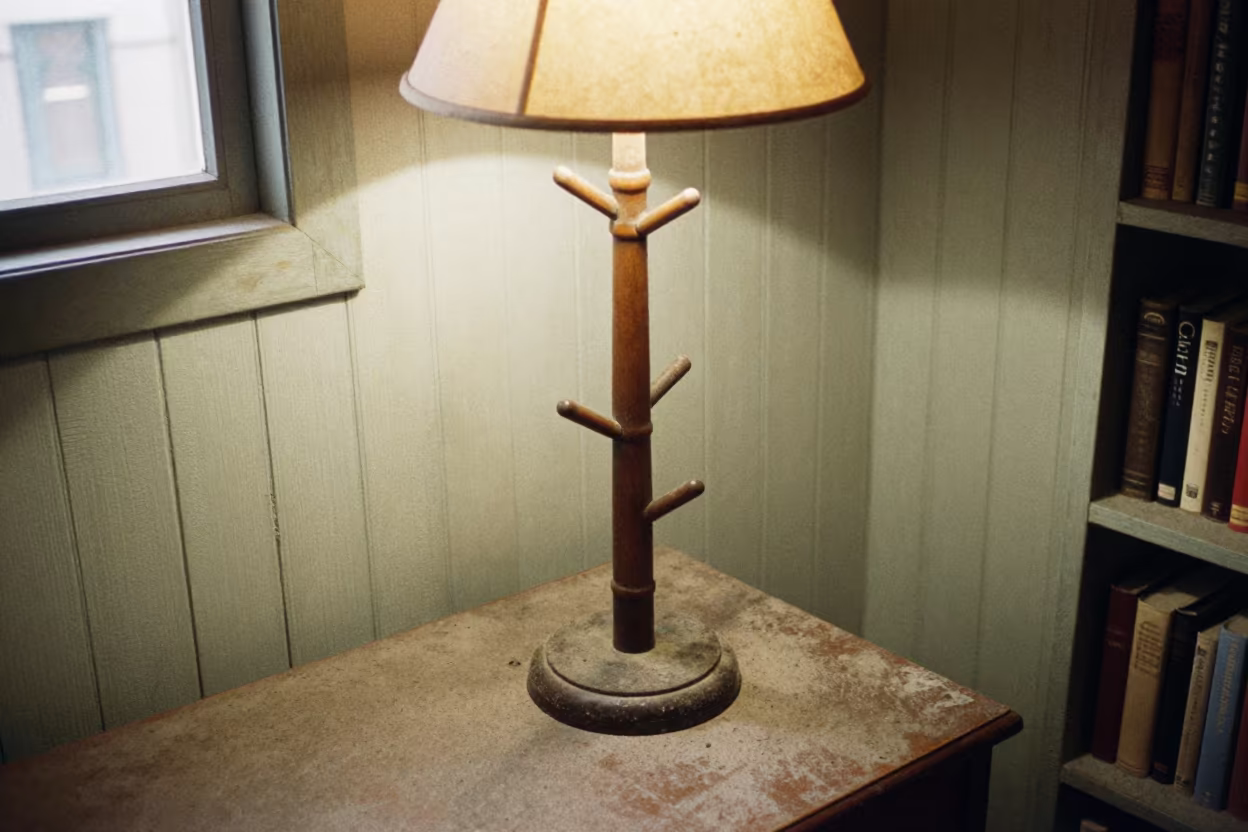 Coat Stand on Library Table Under Shaded Lamp in on a dusty library table in Tivaouane