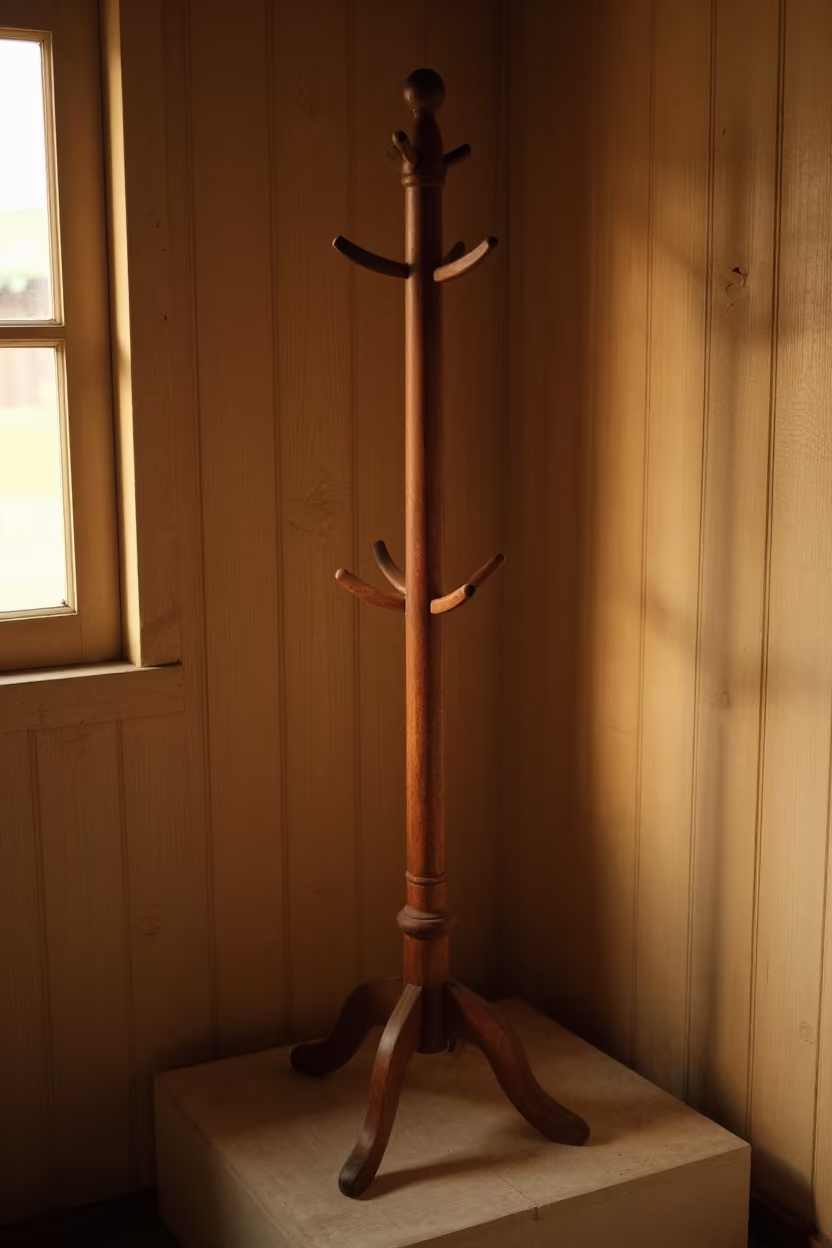 Coat Stand on Plinth in Sittwe Cottage in on a museum plinth in Sittwe