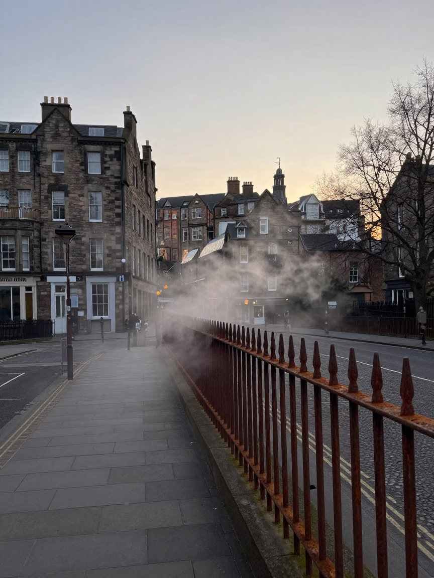 Coated Fence in Edinburgh at The Still Hours Before Dawn Light in in Edinburgh, United Kingdom