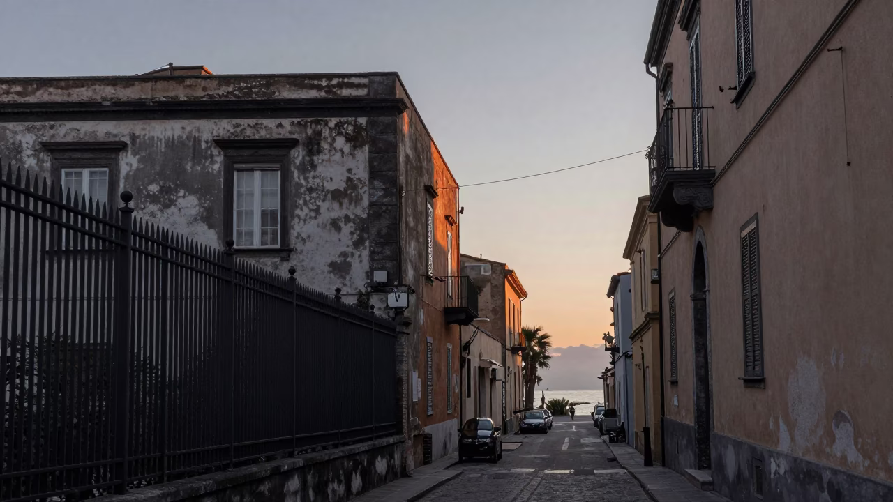 Coated Fencing in Naples at Nautical Dawn Light in in Naples, Italy
