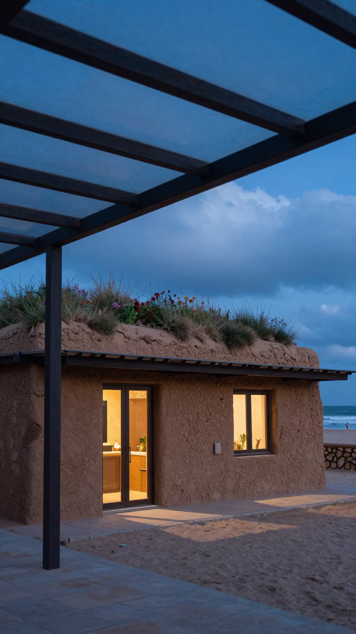 Cob Cottage with Grass Roof in Blue Hour in inside a glass-roofed arcade near Beach, Essaouira