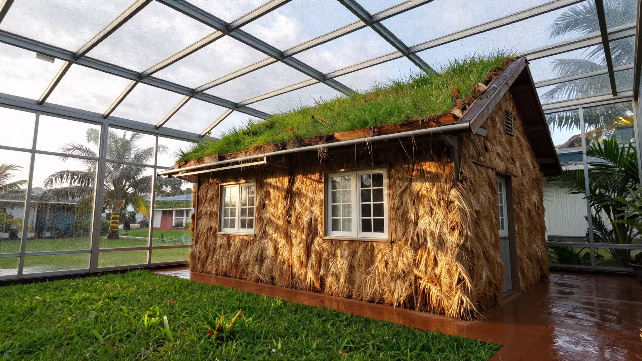 Cob Cottage Grass Roof in Montego Bay Arcade in inside a glass-roofed arcade in Montego Bay