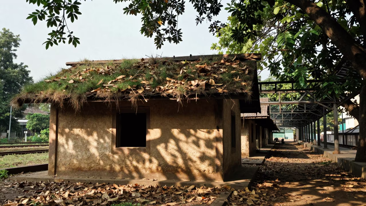 Cob Cottage with Grass Roof in Train Terminal in inside a restored train terminal in Hyderabad