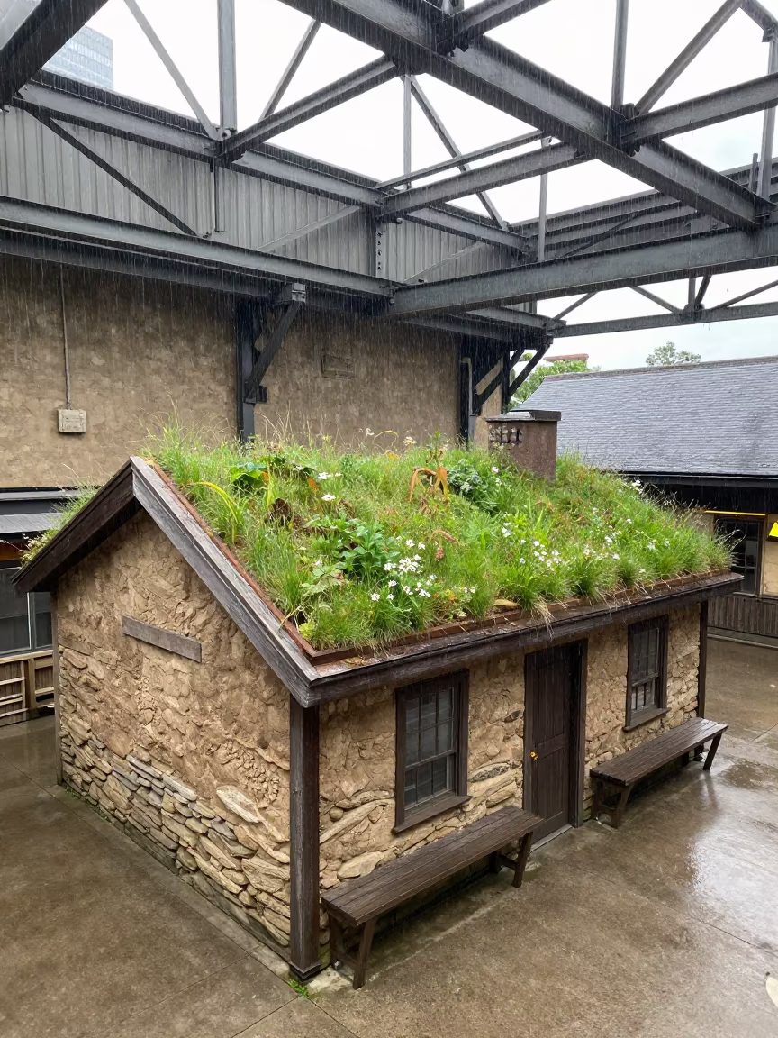 Cob Cottage With Grass Roof In Train Terminal in inside a restored train terminal near Red Hook, New York