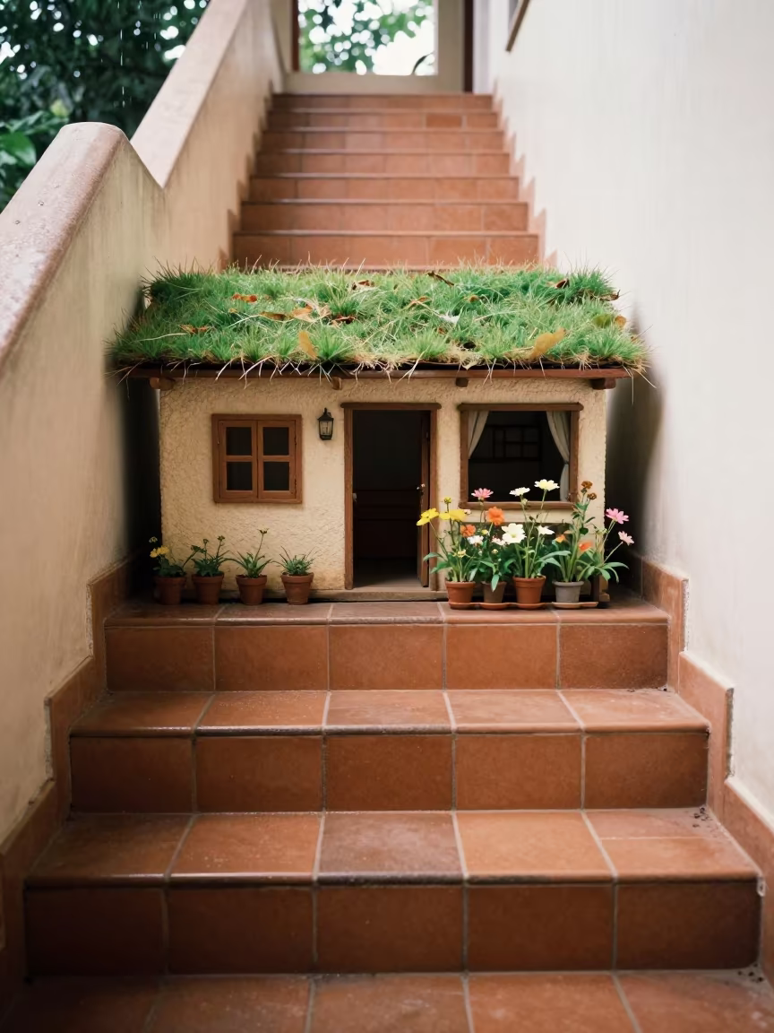 Cob Cottage Model in Tiled Pune Hall in inside a tiled stair hall in Pune
