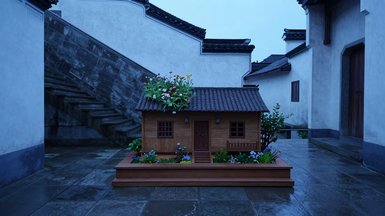 Cob Cottage Model on Tiled Stair Hall Wall in inside a tiled stair hall in Hangzhou