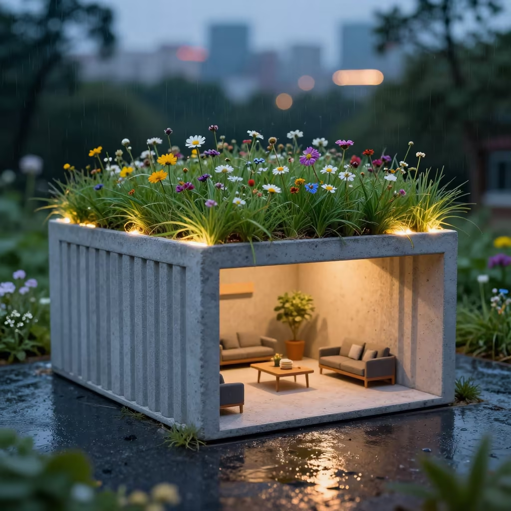 Cob Cottage Model with Wildflower Roof in Concrete Lobby in inside a ribbed concrete lobby near Sulaymaniyah