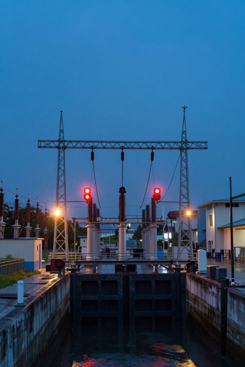 Cobalt Twilight Substation at Kaohsiung Canal Lock in at a canal lock chamber in Kaohsiung