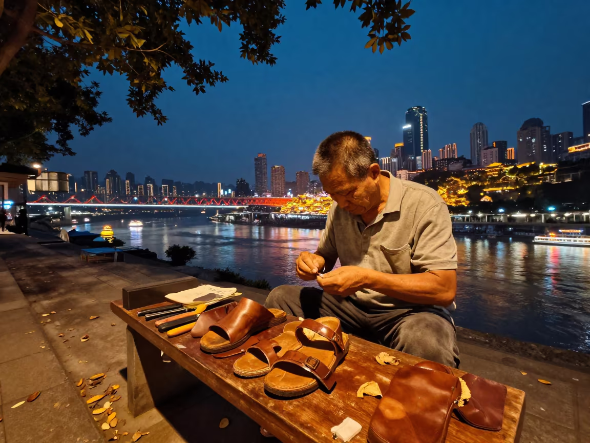 Cobbler Mending Sandals by Chongqing Canal in beside a canal in Chongqing