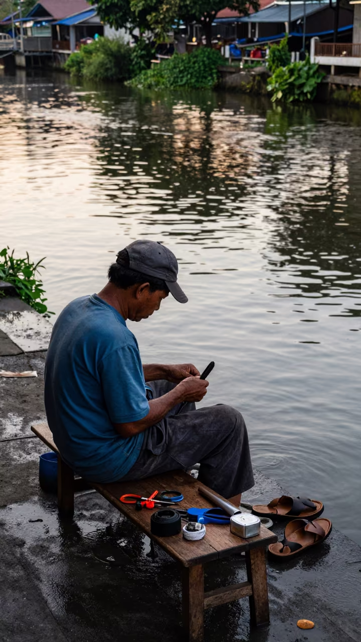 Cobbler Mending Sandals by Jakarta Canal in beside a canal in Jakarta