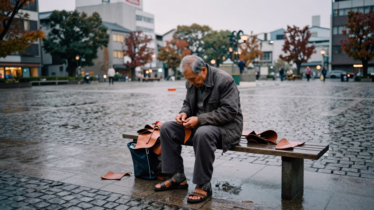 Cobbler Mending Sandals in Nagoya Dawn Drizzle in at a public square in Nagoya