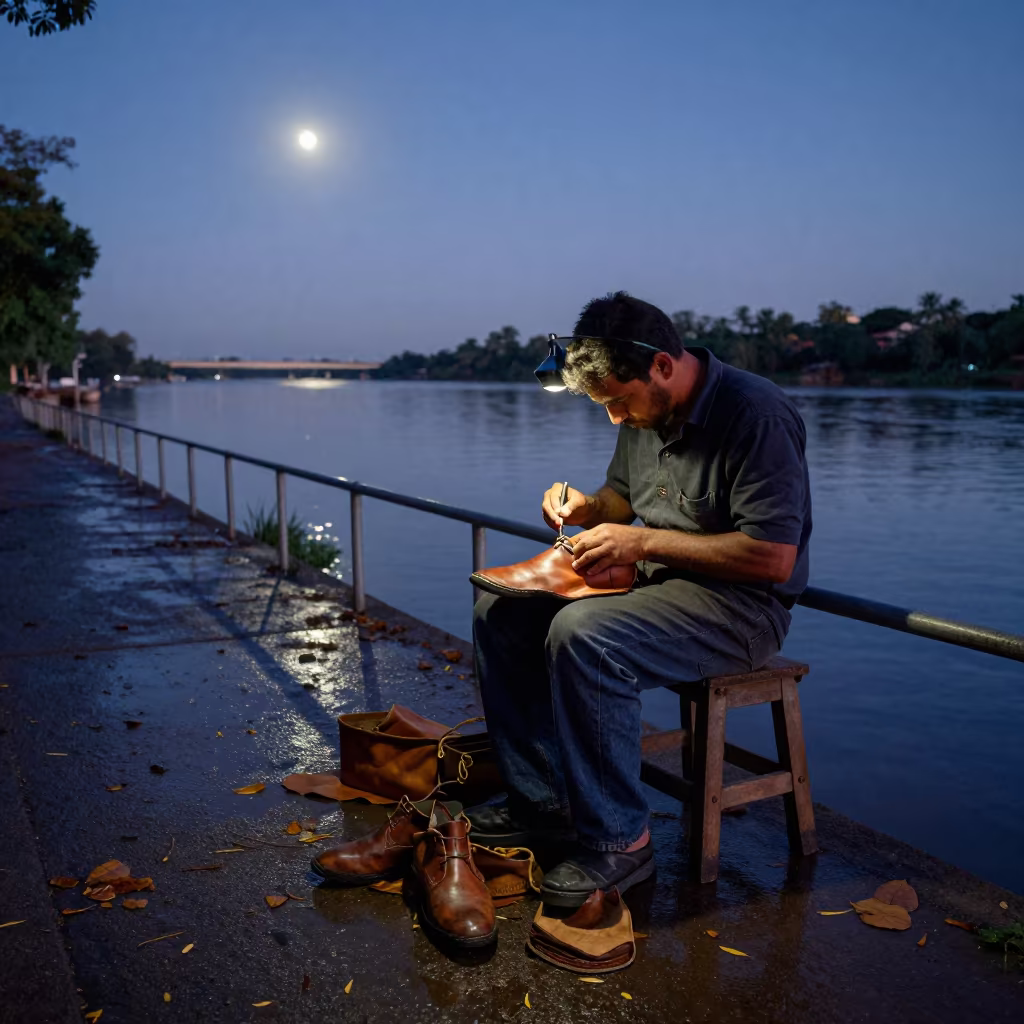 Cobbler Mending Shoes by Moonlit Riverbank Dawn in near a riverside landing in Goiania