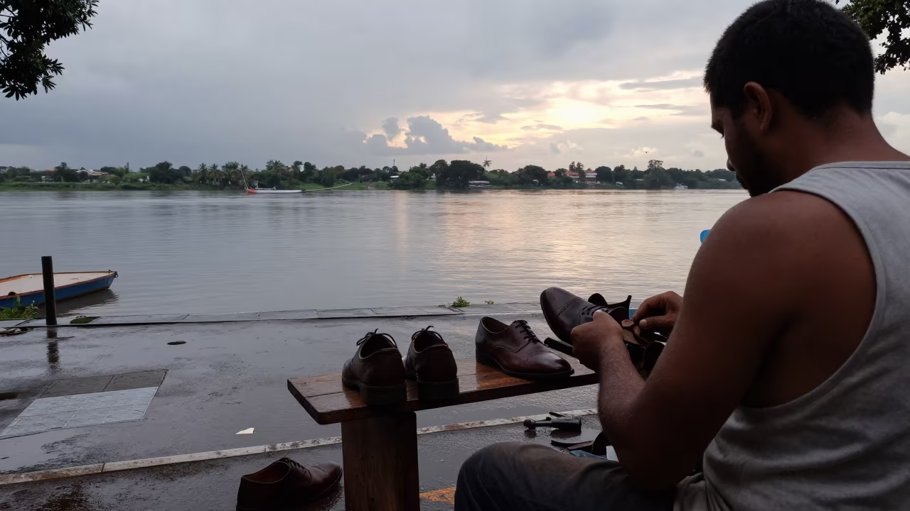 Cobbler Mending Shoes Riverside Campinas in near a riverside landing in Campinas