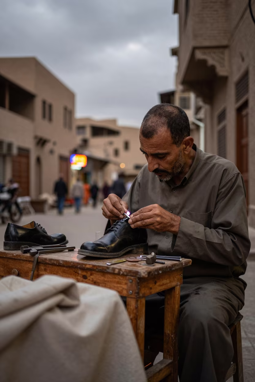 Cobbler Mending Shoes Under Neon Cairo Night in in the old quarter in Cairo