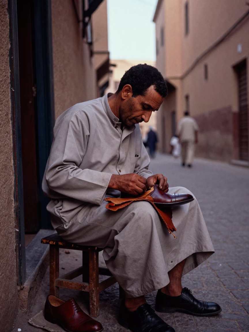 Cobbler Repairing Leather Shoe in Fez Morocco Early Evening Street Scene in in Fez, Morocco