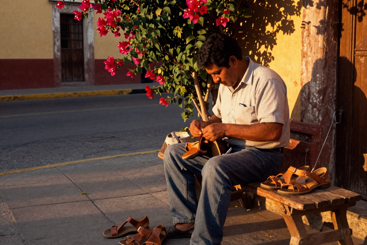 Cobbler Repairing Sandals at Roadside Bench with Bougainvillea in Guadalajara Evening Light in in Guadalajara, Mexico